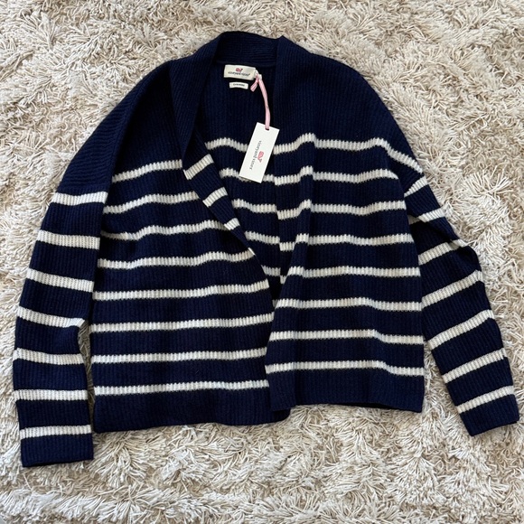 Vineyard Vines Sweaters - NWT Vineyard Vines 100% Cashmere Rib Open Front Navy and White Striped Cardigan